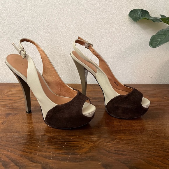 L.A.M.B. Nomad Suede and Leather Slingback Peep Toe Platform Heels - Picture 5 of 10